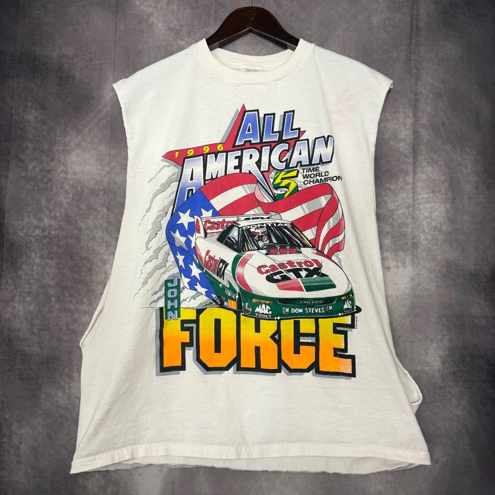 Vintage John Force Funny Car Nascar 14X Champion White T-Shirt Men's XL Ford